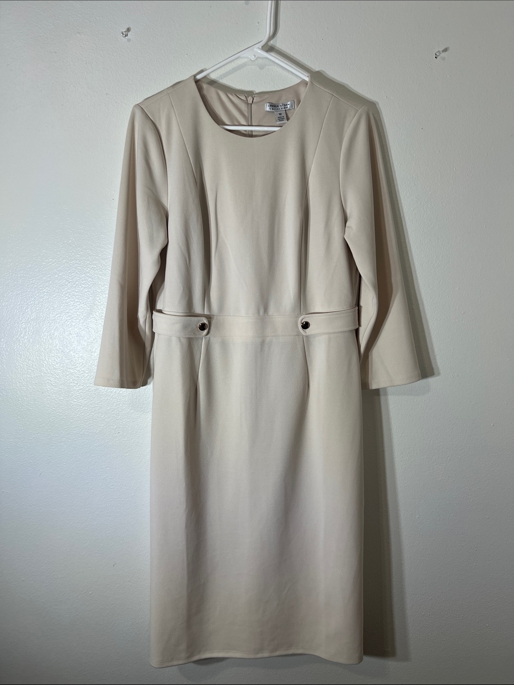 London Style Cream Long-Sleeve Sheath Dress with Waist Tabs